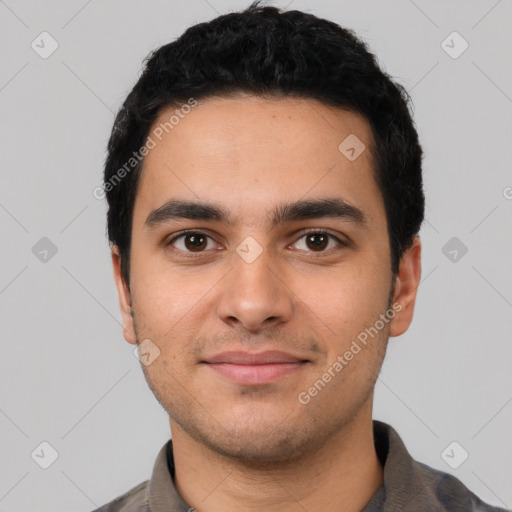 Neutral latino young-adult male with short  black hair and brown eyes