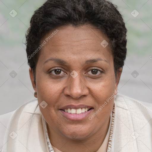 Joyful white adult female with short  brown hair and brown eyes