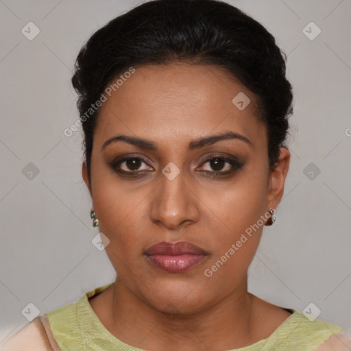 Neutral latino young-adult female with short  brown hair and brown eyes