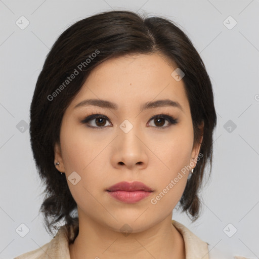 Neutral asian young-adult female with medium  brown hair and brown eyes