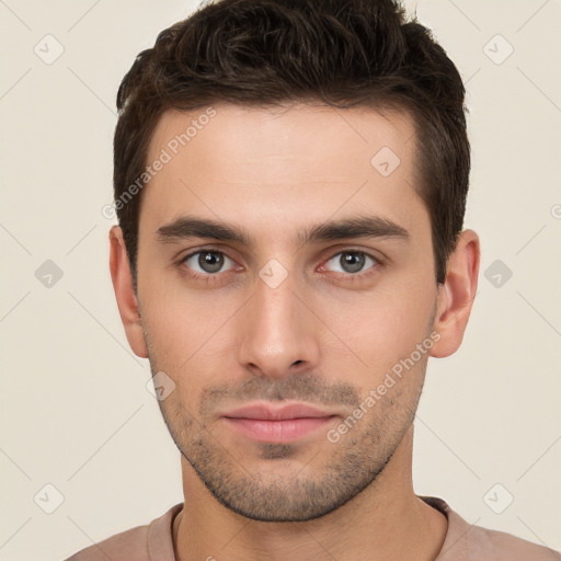 Neutral white young-adult male with short  brown hair and brown eyes