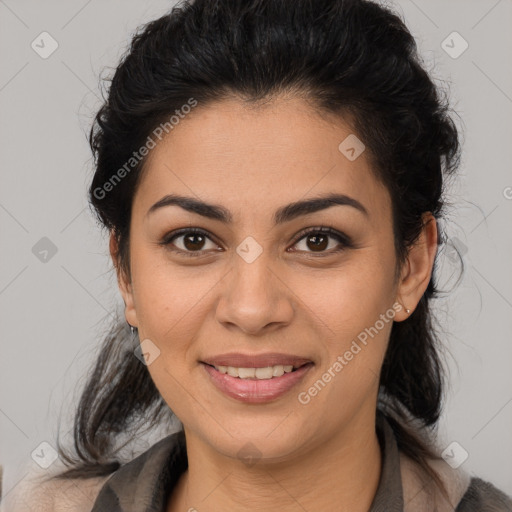 Joyful latino young-adult female with medium  brown hair and brown eyes