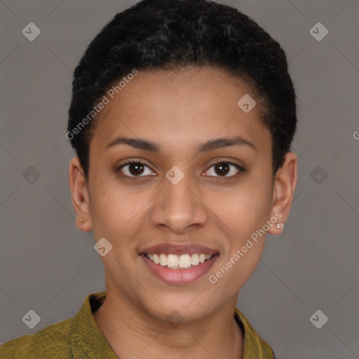 Joyful latino young-adult female with short  brown hair and brown eyes