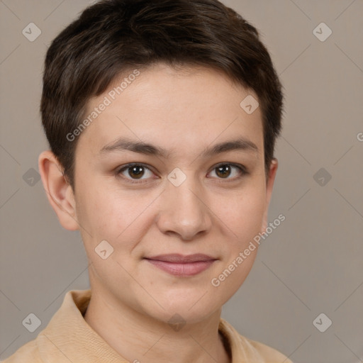 Joyful white young-adult female with short  brown hair and brown eyes