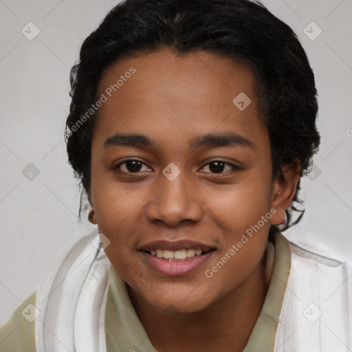 Joyful latino young-adult female with short  brown hair and brown eyes