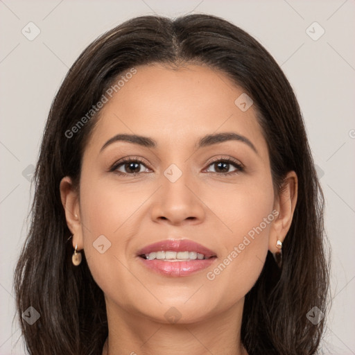 Joyful white young-adult female with long  brown hair and brown eyes