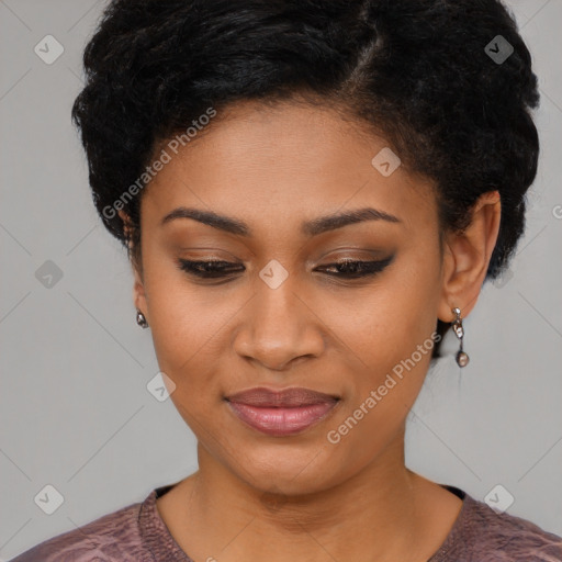 Joyful latino young-adult female with short  brown hair and brown eyes