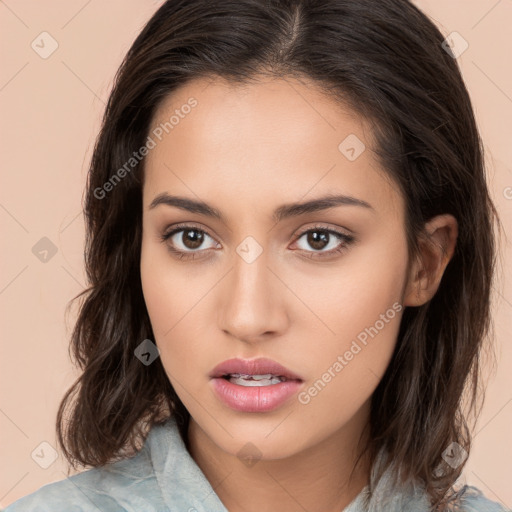 Neutral white young-adult female with long  brown hair and brown eyes