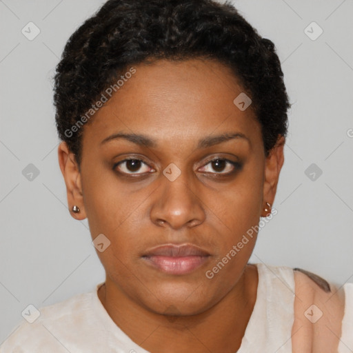 Neutral black young-adult female with short  brown hair and brown eyes