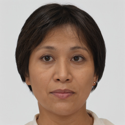 Joyful white adult female with short  brown hair and brown eyes