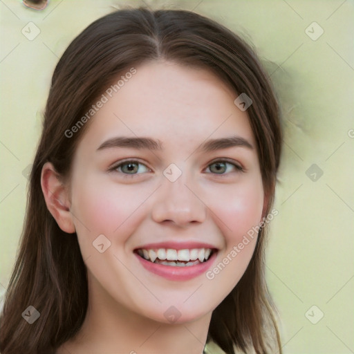 Joyful white young-adult female with long  brown hair and green eyes