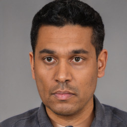 Neutral white adult male with short  black hair and brown eyes