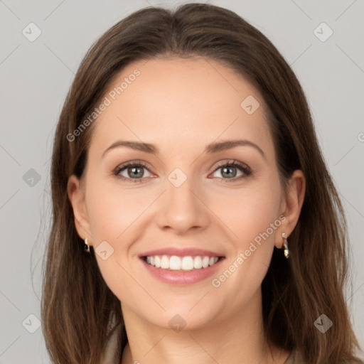 Joyful white young-adult female with long  brown hair and green eyes