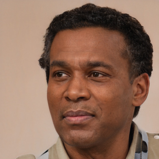 Joyful latino adult male with short  black hair and brown eyes