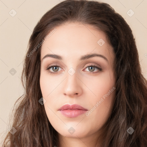 Neutral white young-adult female with long  brown hair and brown eyes