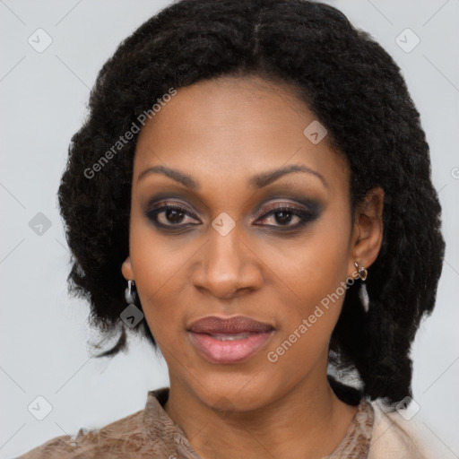 Joyful black young-adult female with medium  brown hair and brown eyes