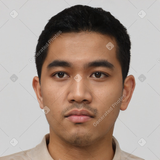 Neutral asian young-adult male with short  black hair and brown eyes