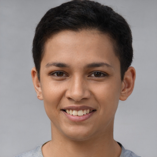 Joyful latino young-adult female with short  brown hair and brown eyes
