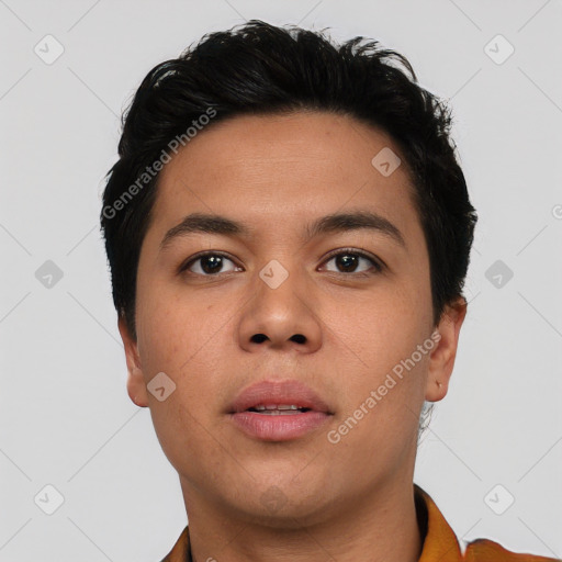 Neutral asian young-adult male with short  black hair and brown eyes