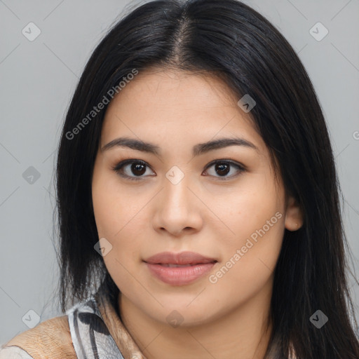 Joyful asian young-adult female with long  brown hair and brown eyes