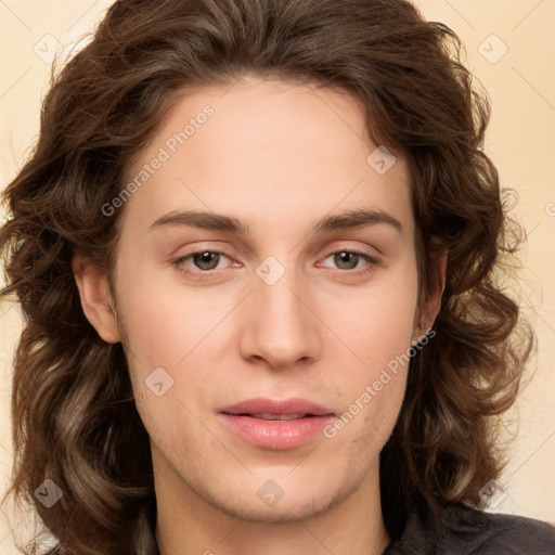 Neutral white young-adult female with long  brown hair and brown eyes