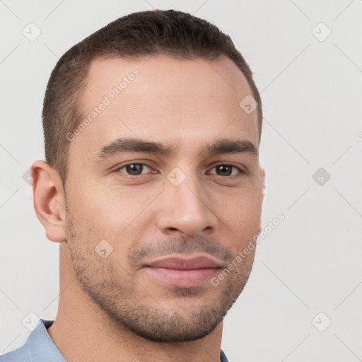 Neutral white young-adult male with short  brown hair and brown eyes