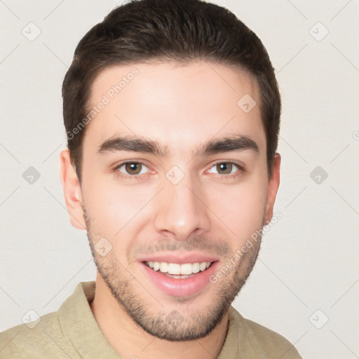 Joyful white young-adult male with short  brown hair and brown eyes