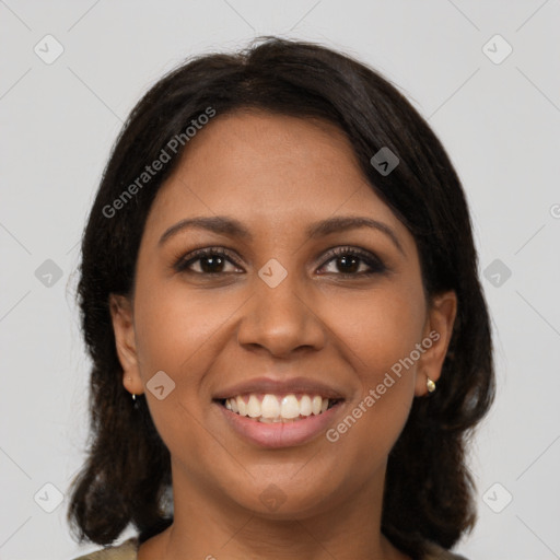 Joyful latino young-adult female with medium  brown hair and brown eyes