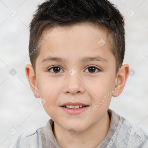 Joyful white child male with short  brown hair and brown eyes