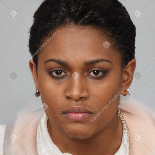 Neutral black young-adult female with short  brown hair and brown eyes