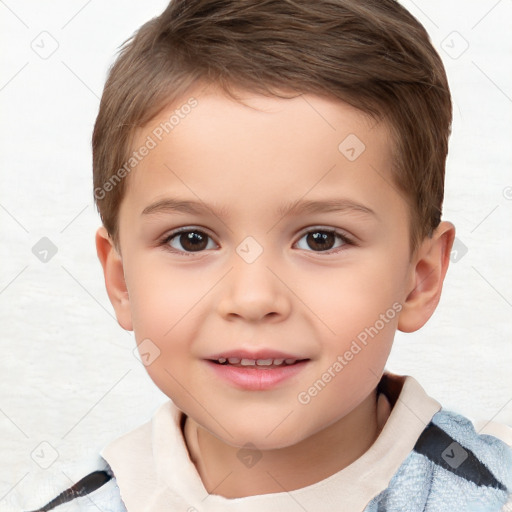 Joyful white child male with short  brown hair and brown eyes