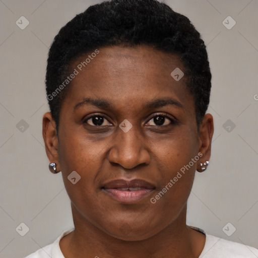 Joyful black young-adult female with short  brown hair and brown eyes