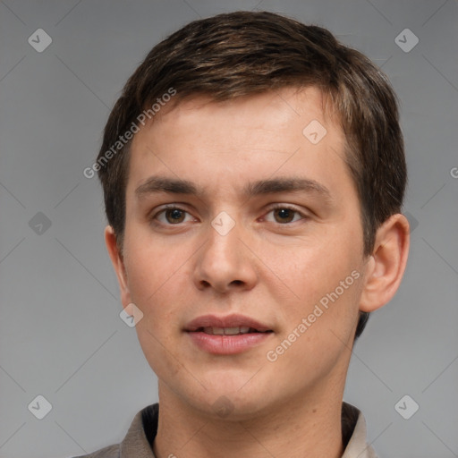 Neutral white young-adult male with short  brown hair and brown eyes