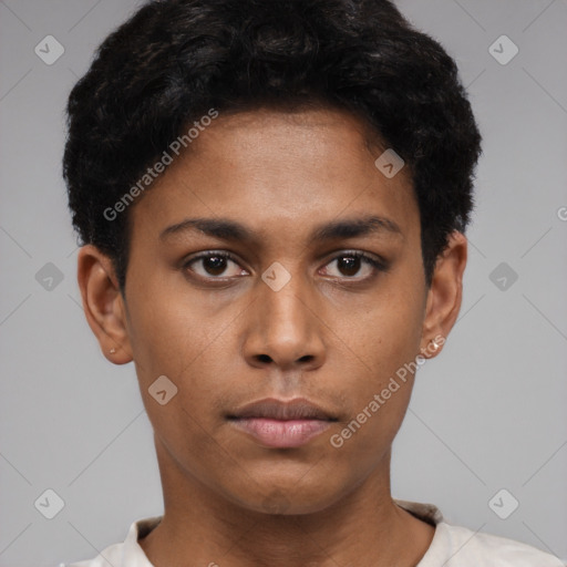 Neutral latino young-adult female with short  brown hair and brown eyes