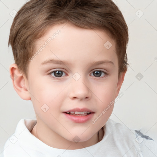 Joyful white child male with short  brown hair and brown eyes