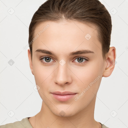 Neutral white young-adult female with short  brown hair and brown eyes