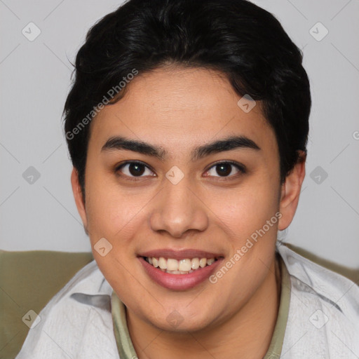 Joyful latino young-adult female with short  brown hair and brown eyes