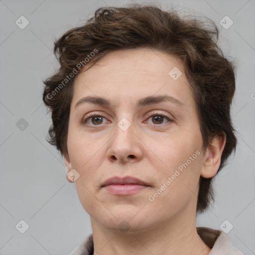 Neutral white adult female with short  brown hair and brown eyes