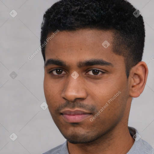 Neutral black young-adult male with short  black hair and brown eyes