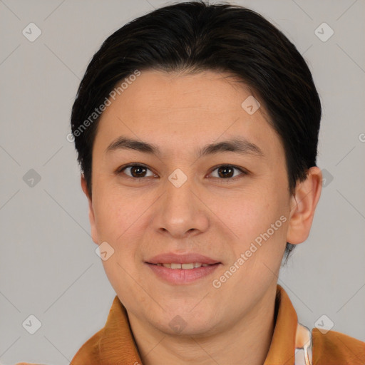 Joyful white young-adult male with medium  brown hair and brown eyes