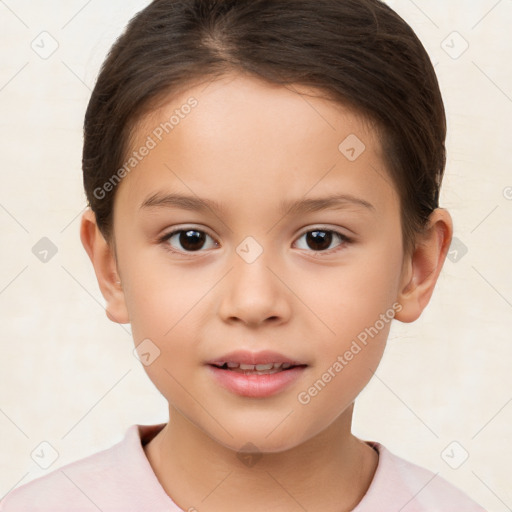 Joyful white child female with short  brown hair and brown eyes