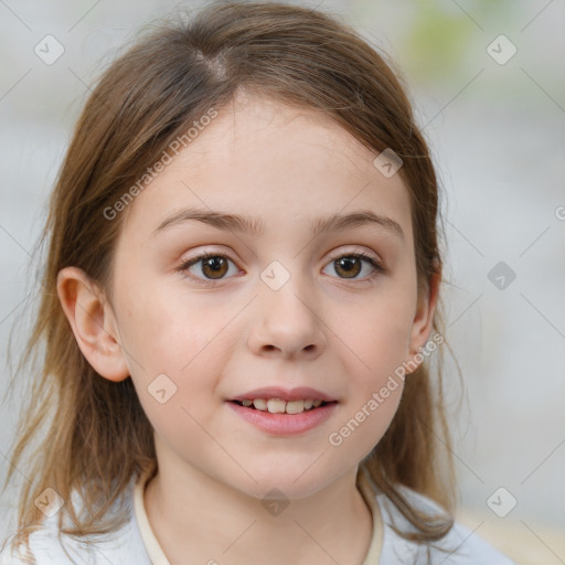 Joyful white child female with medium  brown hair and brown eyes