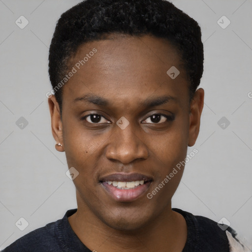 Joyful black young-adult male with short  brown hair and brown eyes