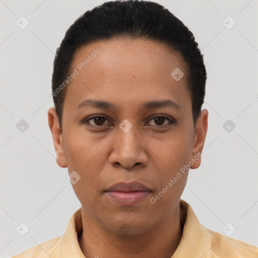 Joyful latino young-adult female with short  black hair and brown eyes