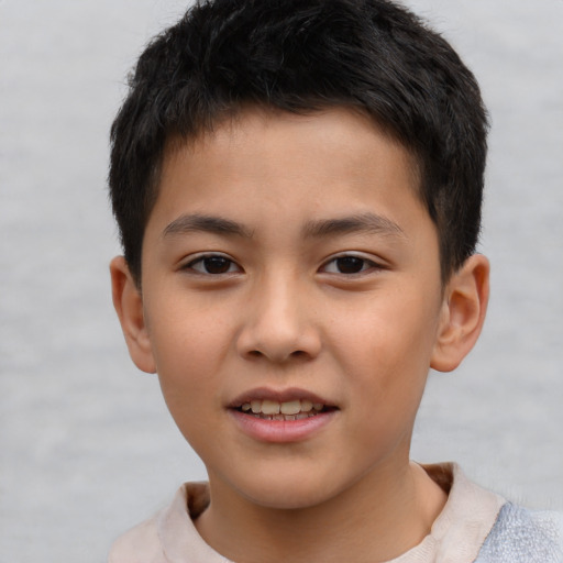 Joyful asian child male with short  brown hair and brown eyes