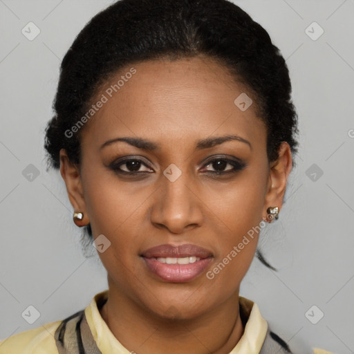 Joyful latino young-adult female with short  brown hair and brown eyes