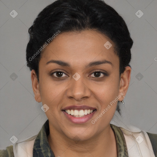 Joyful latino young-adult female with short  brown hair and brown eyes