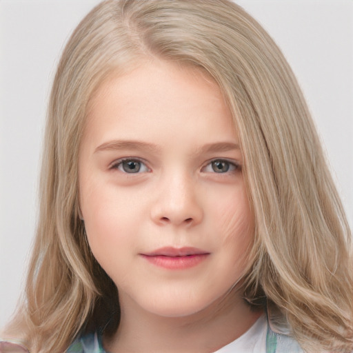 Neutral white child female with medium  brown hair and blue eyes