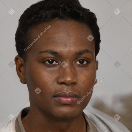 Neutral black young-adult female with short  brown hair and brown eyes