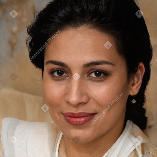 Joyful latino young-adult female with medium  brown hair and brown eyes